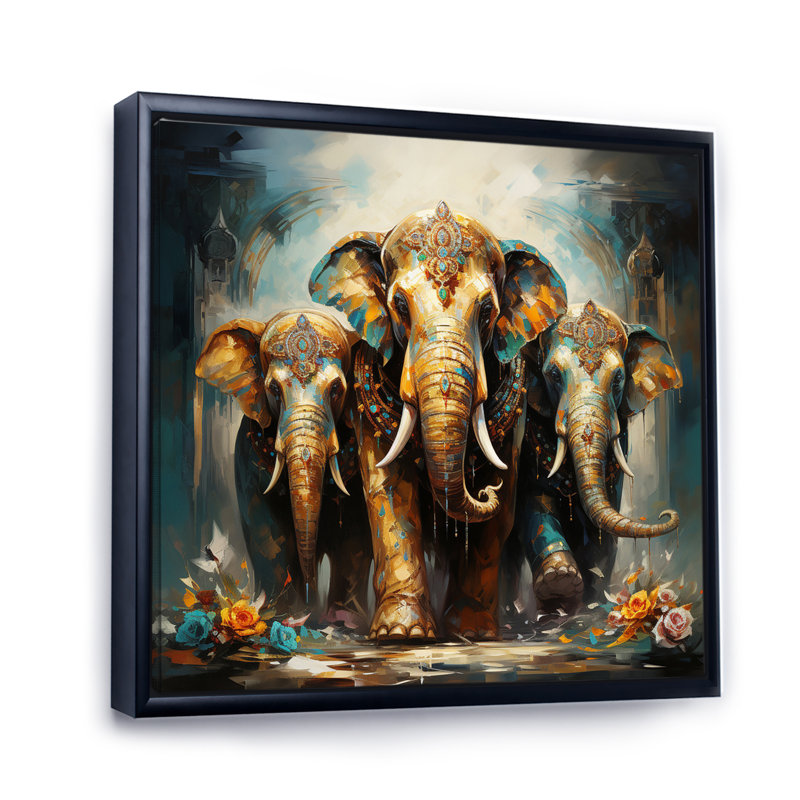 Art asiatique, éléphants thaïlandais X - Art mural asiatique, Cadre flottant noir, H 36 po x l 36 po x P 1,5 po