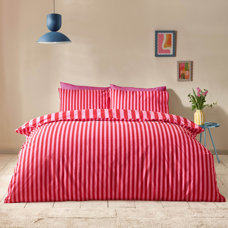 Stripe Tease Cotton Blend Striped Duvet Cover Set, Double, Red