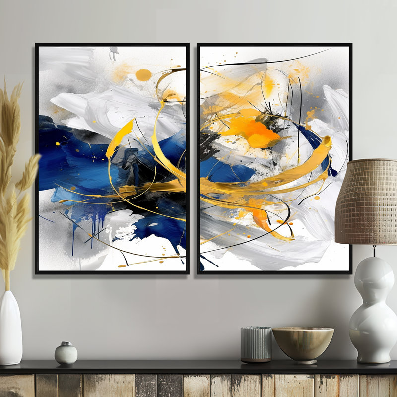 Art mural en toile bleu foncé et or sur fond bleu, 2 bandes, Noir, H 36 po x l 48 po, Impression encadrée flottante