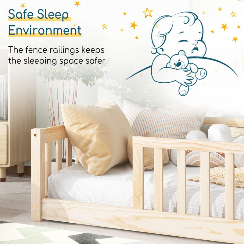 Lit simple pour enfants avec garde-corps de sécurité, porte et lattes, sans porte, Brun