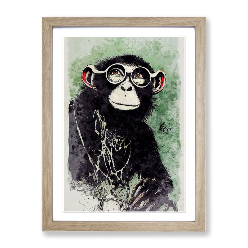 XV1022-5150X Monkey No.2 - Single Picture Frame Painting, 46cm H x 34cm W x 2cm D, Oak
