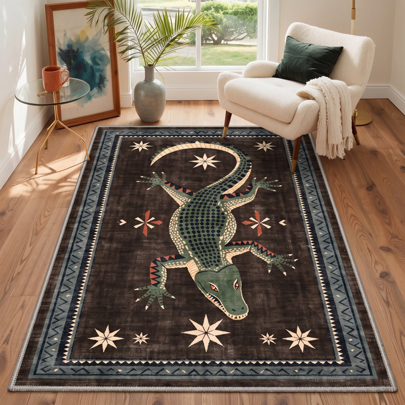 Tapis brun / vert lavable à la machine à imprimé bloc avec envers antidérapant, Rectangle 5 pi x 7 pi
