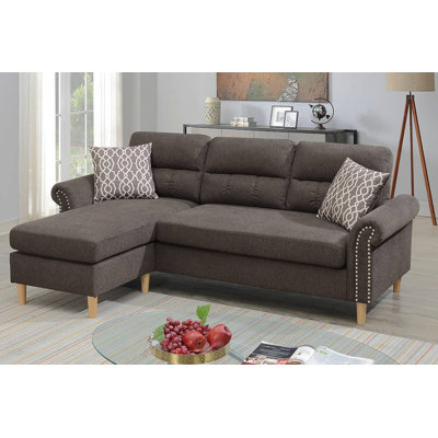 Tan Color Polyfiber Reversible Sectional Sofa Set Chaise Pillows Plush Cushion Couch Nailheads