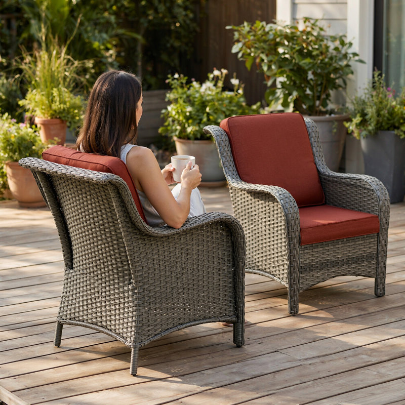 Ensemble 2 pièces de conversation pour fauteuil avec coussins et siège en rotin pour jardin, Rouge, Gris