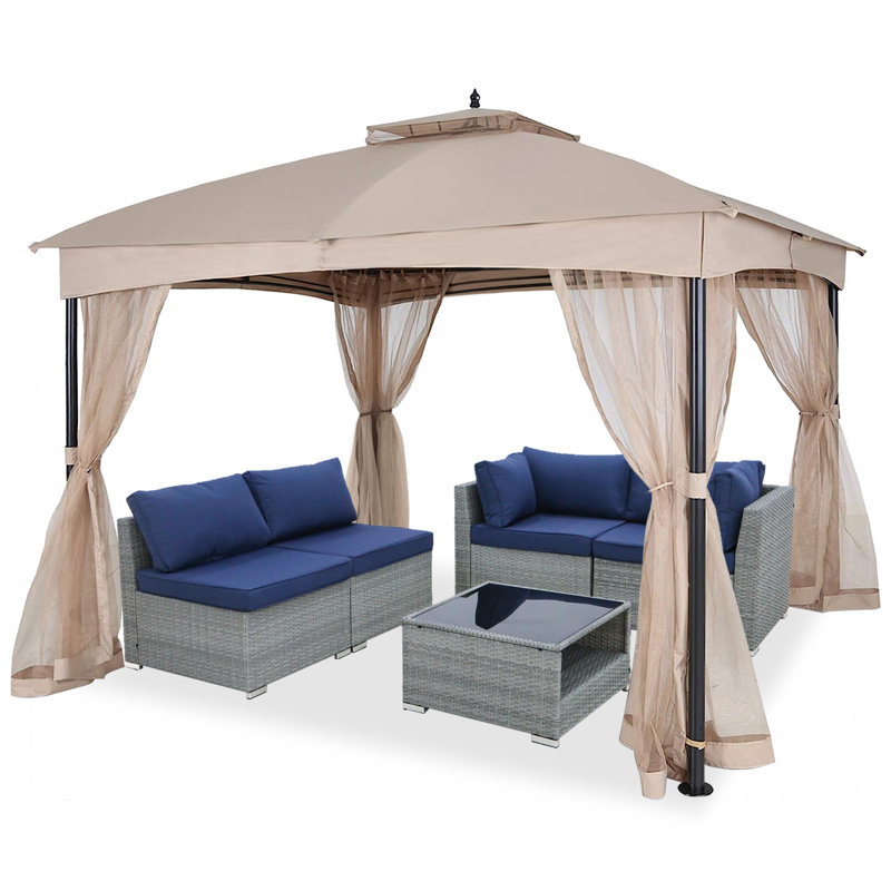 Beige 12 ft x 10 ft Metal Patio Gazebo with Mesh Sidewalls