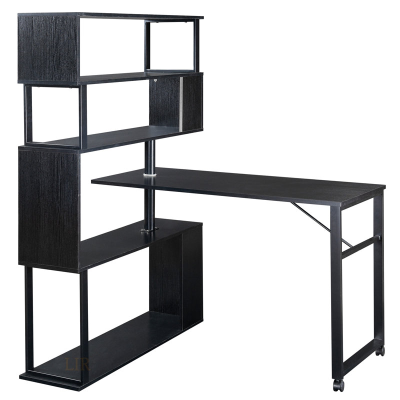 Table de coin en L pour bureau à domicile, rotative avec bibliothèque à 5 niveaux, quatre méthodes d'installation, roulettes verrouillables