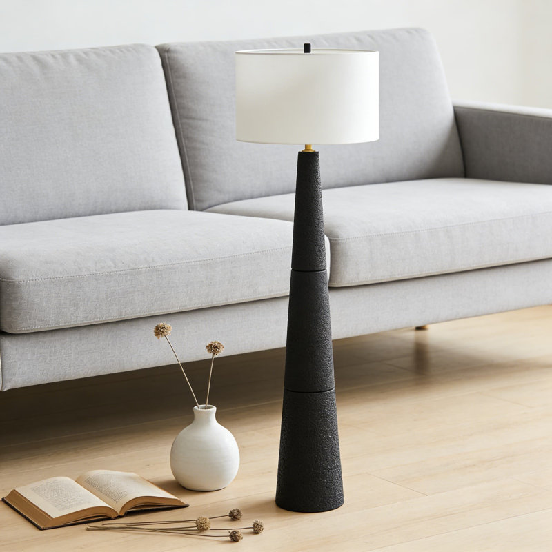 Lampe sur pied moderne avec finition en polyrésine texturée, interrupteur à 3 voies et abat-jour tambour pour le salon, la chambre à coucher ou le bureau