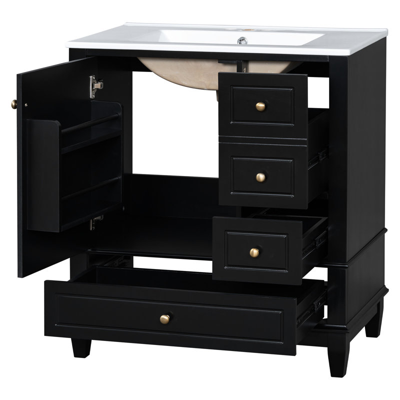 Lavabo de salle de bain 30 po, noir, structure stable, porte à fermeture douce, 1 tablette de porte et 3 tiroirs, rangement