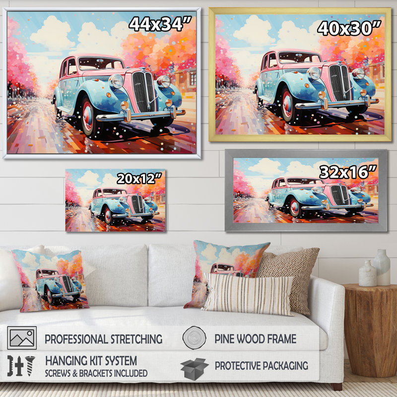 «Pastel Vintage Pink Car Adventure», impressions sur toile rétro, Toile tendue, H 12 po x l 20 po x P 1 po