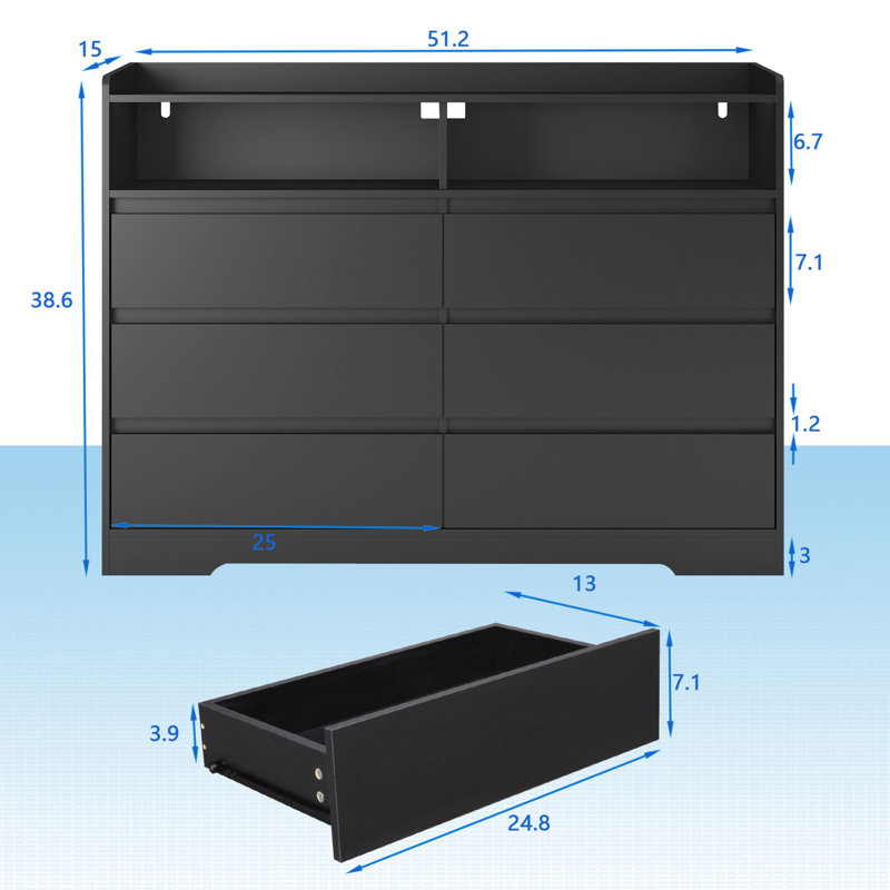 Gaio 51.2'' W 6 - Drawer Dresser, Black