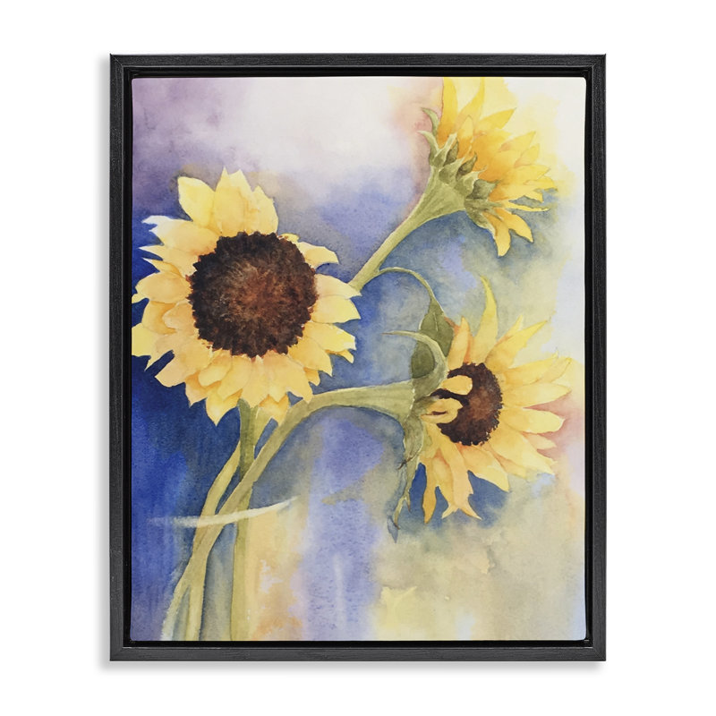 Trio de tournesols dans un vase, cadre par Stephanie Fielden, H 21 po x l 17 po, Cadre flottant noir de jais