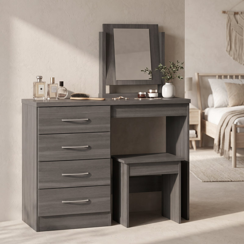 Cascio Dressing Table Set with Mirror, Black Wood Grain