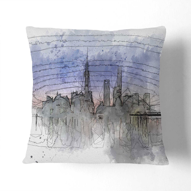Evening Reflections of Shanghai Cushion with Filling, 55cm H x 55cm W x 20cm D, White