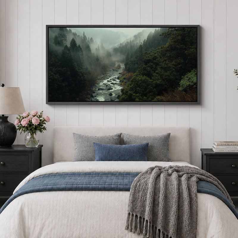 «Mystical Misty Forest River Modern Art», très grande impression d'art, H 30 po x l 60 po, Black