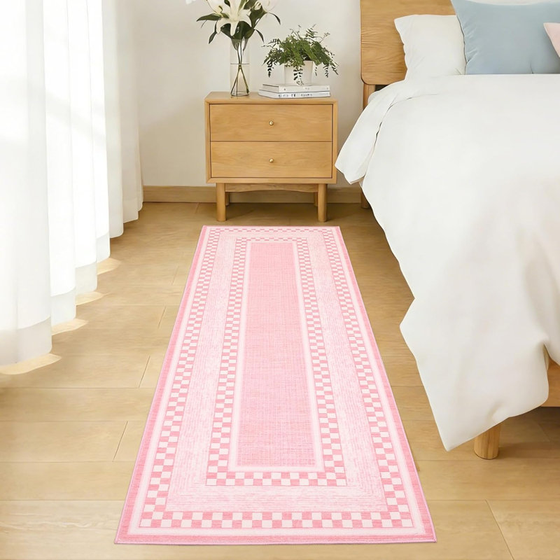 2x6 Checkered Runner Rug, Washable Non Slip Low Pile Rug for Bedroom Living Room, Pink, Runner 2' x 6', Pink