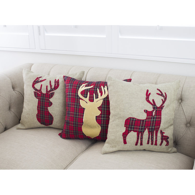 Plaid Deer Embroidered Christmas Throw Pillow 17"x17"