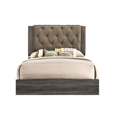 Tissu à boutons, tête de lit rembourrée, chêne gris rustique, lit, cadre en bois, pieds fuselés, 4 lattes, sommier tapissier nécessaire, prise de charge, espace à gauche, lit à panneaux avec finition en tissu brun,