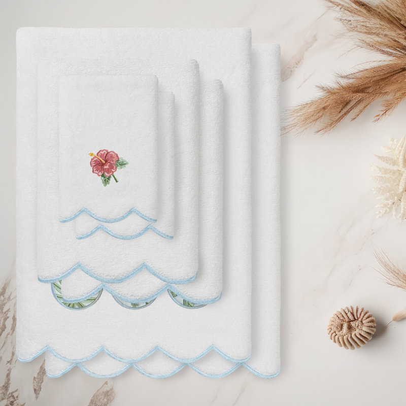  100% Turkish Cotton MAUI Scallop 6PC Embellished Towel Set, 6 Piece Towel Set, White/Blue