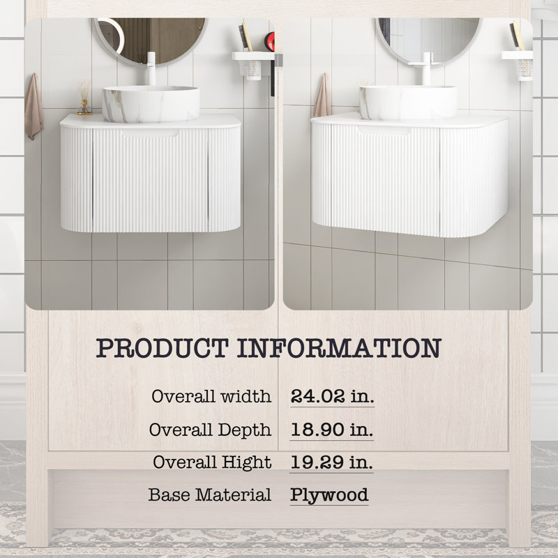 Meuble-lavabo mural avec plateau et tiroir, Blanc, Marbre, 24"