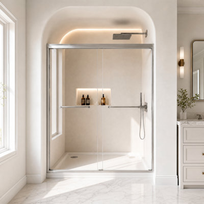 Porte de douche coulissante double encadrée l 56 à 60 po x H 72 po, verre trempé 5/16 po, nickel brossé