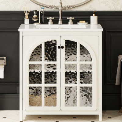 Meuble-lavabo de 31 po avec lavabo, cadre en bois d'hévéa, porte en saillie et verre trempé sécuritaire pour poignées gracieuses en bronze antique de 31 pouces