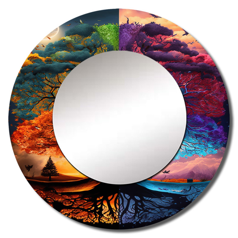 Arbre de vie, jour et nuit II - grand miroir forêt, décor de miroir mural unique rond, impression sur métal, 23 po x 23 po