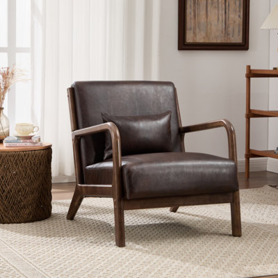 25.78" Wide Mid Century Faux Leather Accent Chair with an Extra Pillow