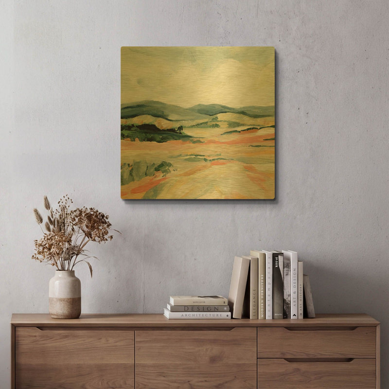 «Vermillion Landscape I» par Katrina Pete, art mural en métal doré, 24 po x 24 po, 24 po x 24 po
