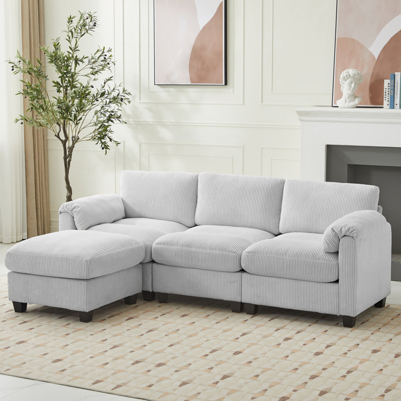 Canapé modulaire en L 4 pièces avec repose-pieds en velours côtelé, Velours côtelé gris