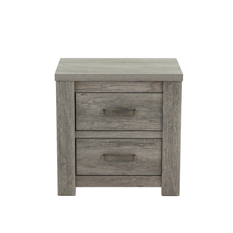 Table de chevet 2 tiroirs grise pour chambre à coucher, avec une structure robuste 2 tiroirs, créant une atmosphère de chambre à coucher confortable