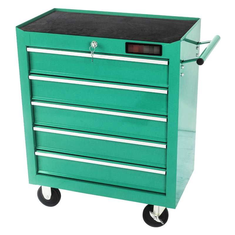 Rangement à outils 5 tiroirs avec système de verrouillage et 4 roulettes de chariot d'atelier mobiles, Vert