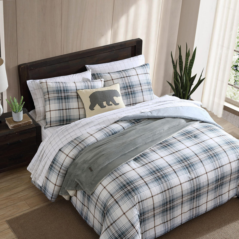 Cooper 100% Cotton Reversible Comforter Set, Queen Comforter + 2 Standard Shams, Blue Plaid