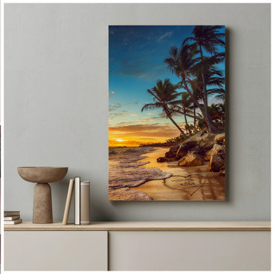 Art mural personnalisé sur toile de plage tropicale personnalisée avec noms et date sur mesure - Décor romantique de palmier au coucher du soleil