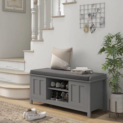 Shoe Rack Bench For Entryway With Cushion, Sliding Doors 10 Pairs