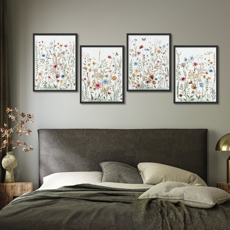 Ensemble de 4 reproductions d'art encadrées délicates fleurs sauvages pré, H 16 po x l 12 po, Naturel