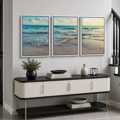"Coastal Beach", "Sunrise On Ocean Waves Crashing", photos de décor de plage moderne bleu-vert doux, impression sur toile encadrée 3 pièces "16" x 24 "x 3 pièces, 24" x 36 "x 3 pièces