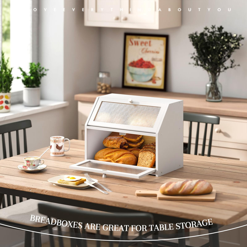 Bread Box For Kitchen Countertop Bin Double Layer Bread Box Storage Container Extra Large Capacity Farmhouse With Diamond Pattern Windows (White, Large)