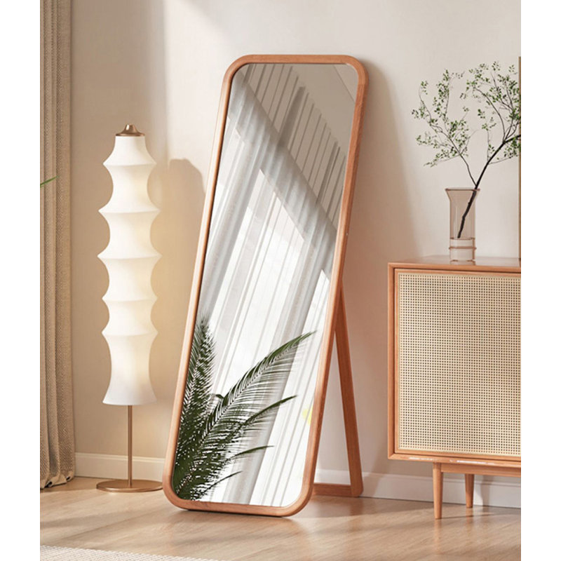 Miroir moderne autoportant complet en bois à bord arrondi pour la décoration de chambre à coucher, Tanné