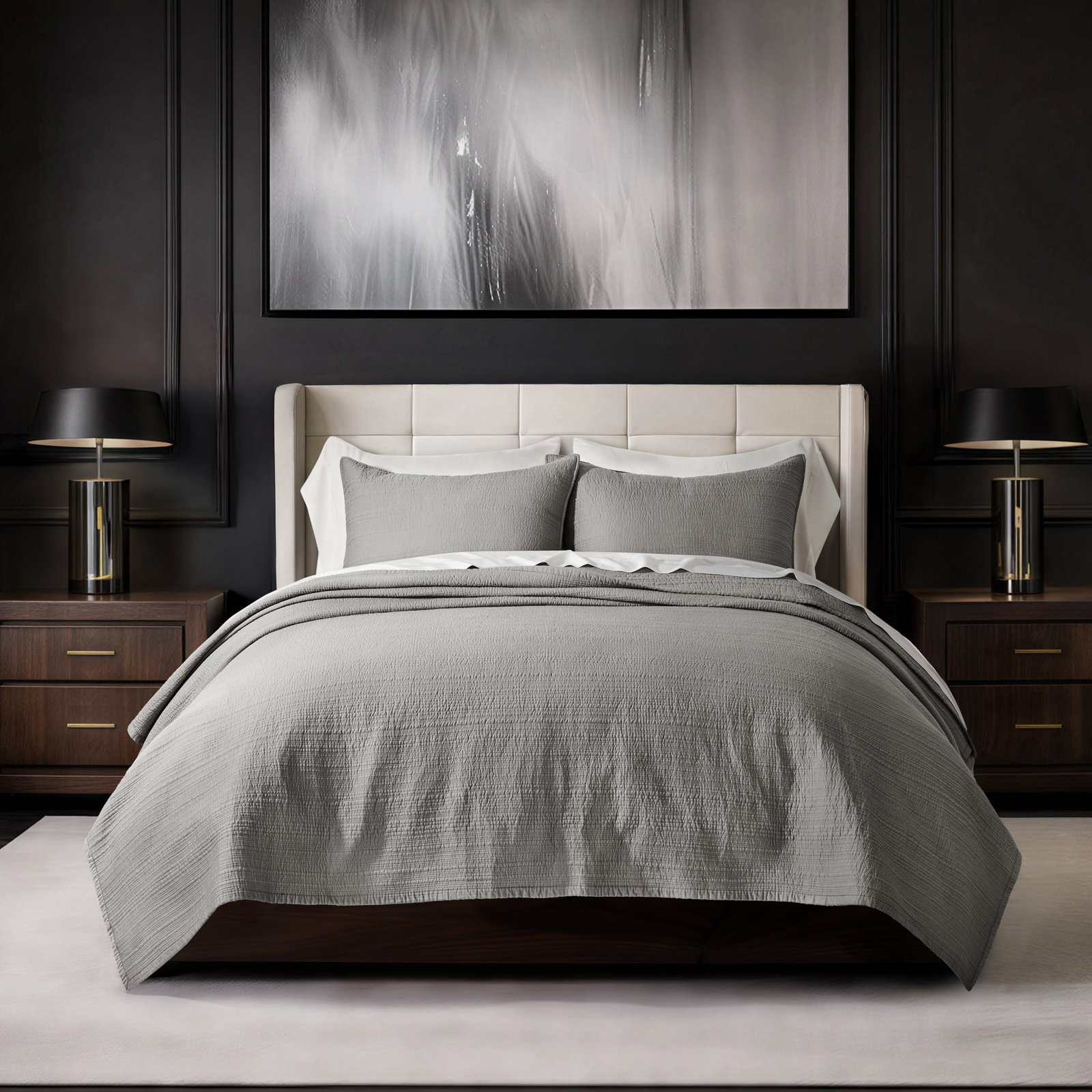 Channel Stitch Cotton Quilt Bedding Set, Fog Gray, King Quilt + 2 King Shams