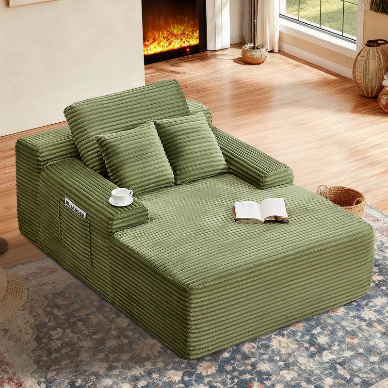 Boneless 49" Modern Soft Corduroy Chaise Lounge Upholstered Sleeper Sofa Bed, No Assembly Required Floor Boneless Sofa, Green