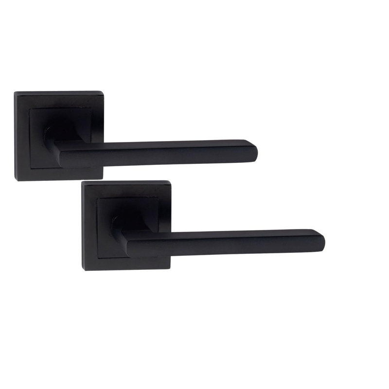  1 Pair Leon Design Straight Door Handles on Square Rose in Matt Black Finish - 52mm x 52mm Backplate