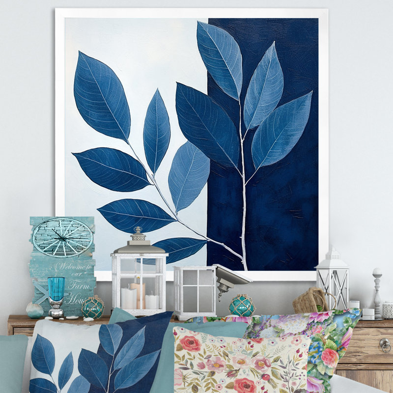 Blue Indigo Leaves Harmony I, H 36 po x l 36 po x P 1,5 po, Cadre simple blanc