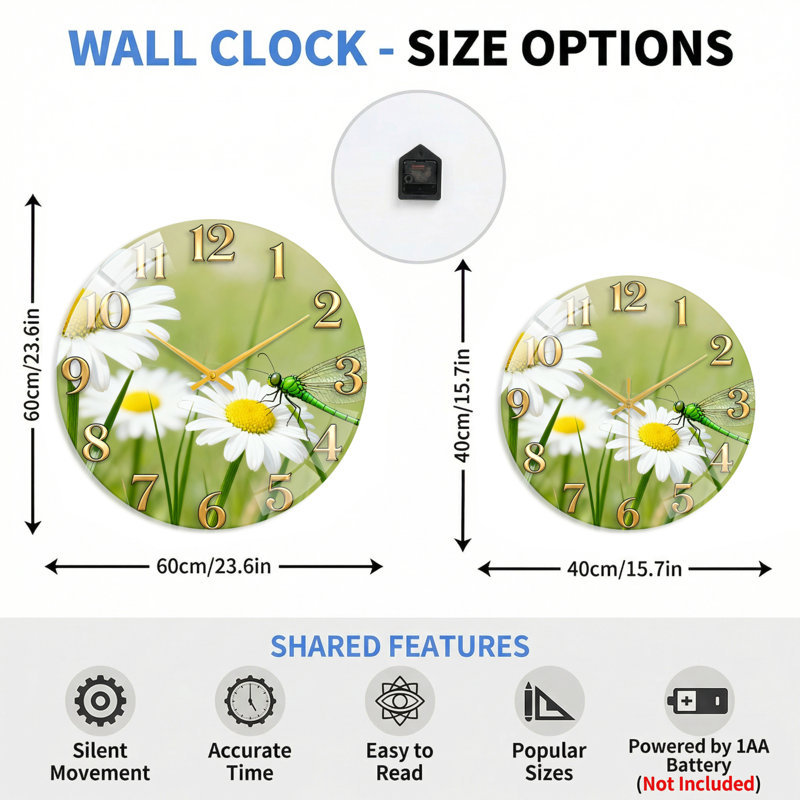 Horloge murale en verre à motif floral libellule moderne 23,6 po, 60 x 60 cm (23,6 x 23,6 pouces)