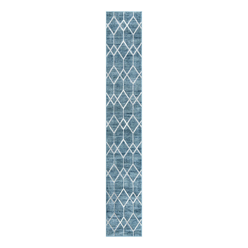 Tapis bleu / ivoire Jolette, Tapis de couloir 2 pi 7 po x 16 pi 5 po