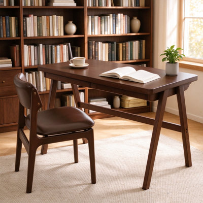 Bureau d'ordinateur 100% bois d'hévéa massif, bureau d'écriture rétro en noyer avec tiroir, cadre en A robuste, 39,37 po x 21,65 po, 0,7 po d'épaisseur standard, bureau à domicile et poste de travail