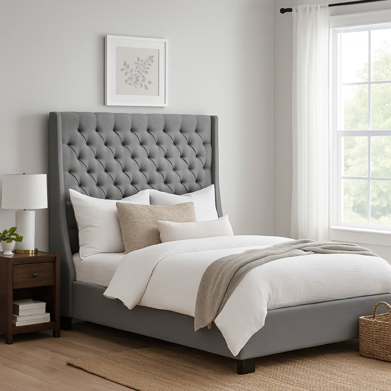Revêtement de lit capitonné en velours Zoa Bed W, Gris, Grand