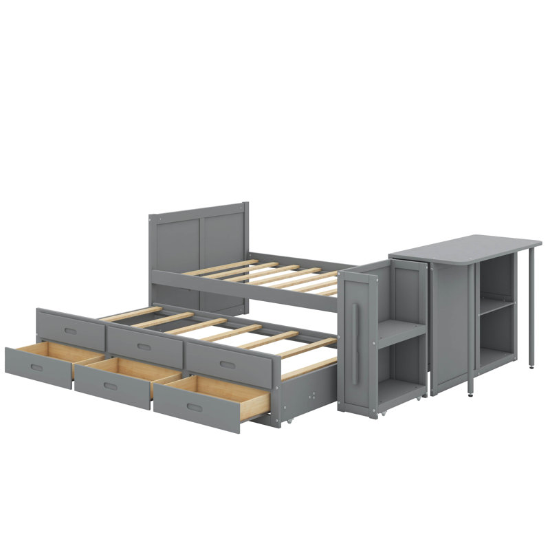 Lit plateforme simple en bois avec bureau et tablette de rangement, Gris