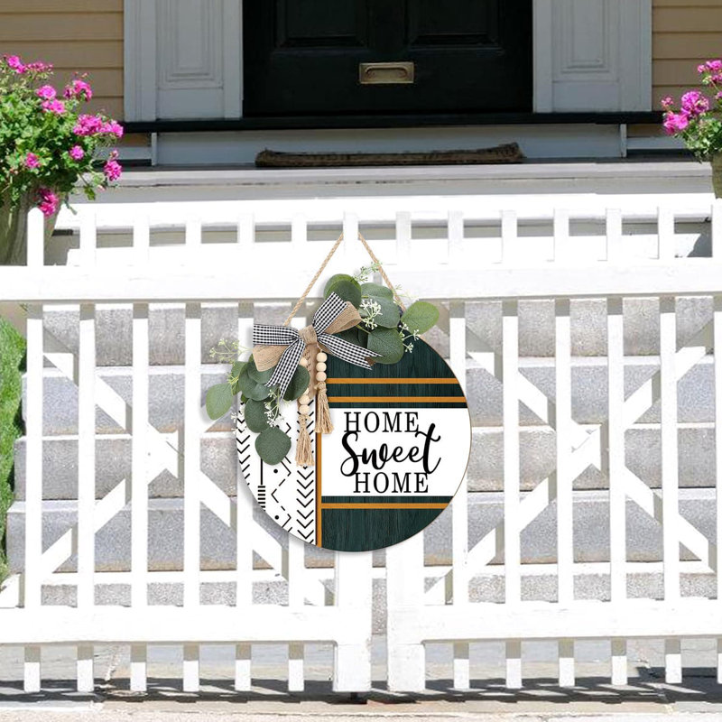 12" Boho 3D Home Sweet Home Wreath Sign, Farmhouse Plaid Bow Bead Front Door Porch Decor