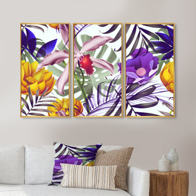Fleurs tropicales rétro, ensemble de 3 toiles encadrées traditionnelles