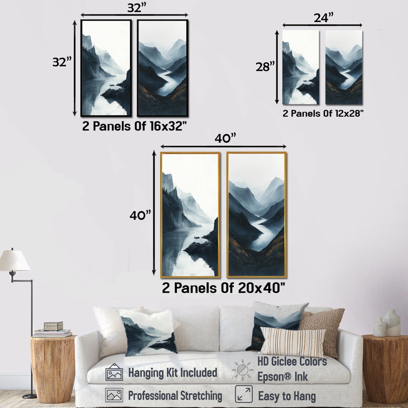 «Winter Lake Side Valley of Tranquility I», collection d'art mural 2 pièces, H 40 po x l 41 po, Cadre crème crème